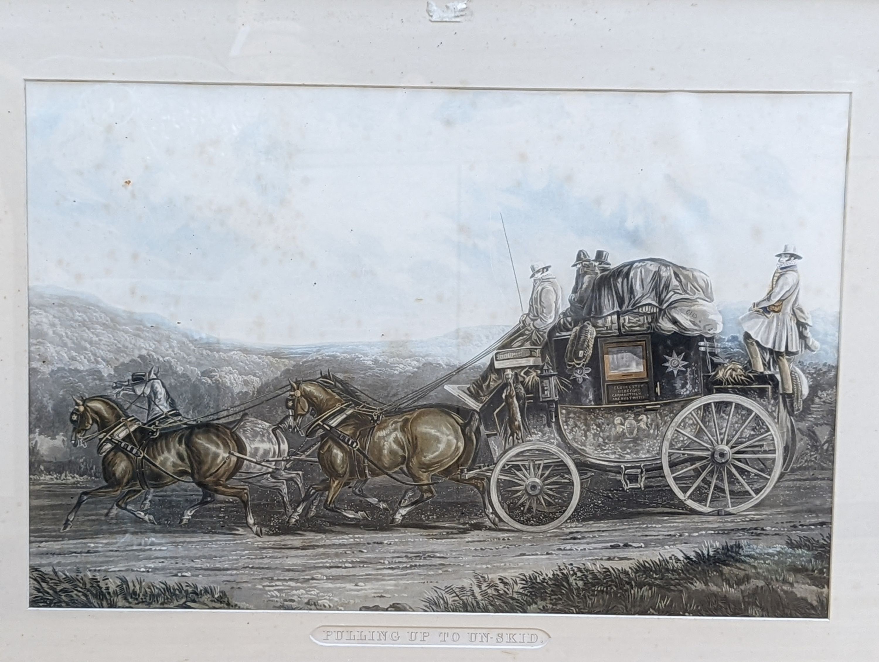 19th century English School, pair of coloured aquatints, Coaching scenes: 'Pulling up to un-skid' and 'Waking Up', 44 x 67cm